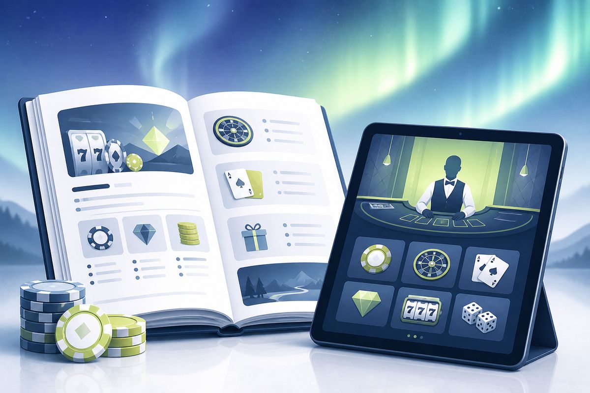 Illustrated guidebook and tablet representing a clear first-time casino comparison